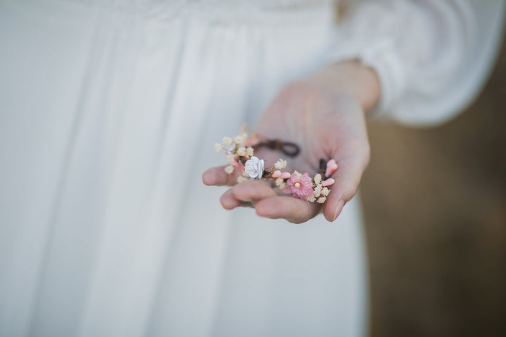Pink Flower Wedding Bracelet and Ring Set: Bridal Corsage Jewelry – handmade floral hair accessory by magaela