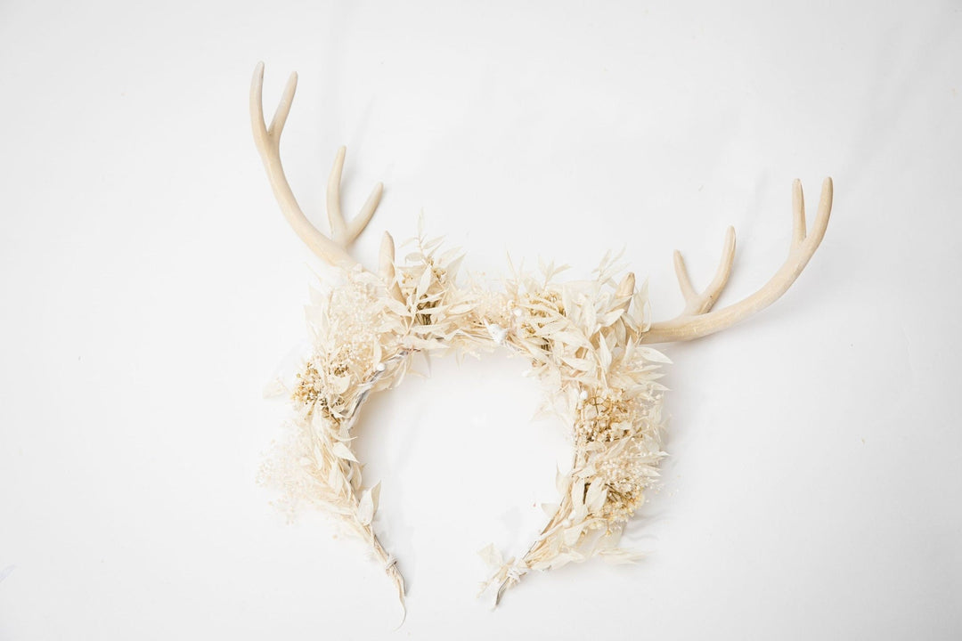Beige Flower Crown with Antlers: Halloween Bridal Headpiece – handmade floral hair accessory by magaela