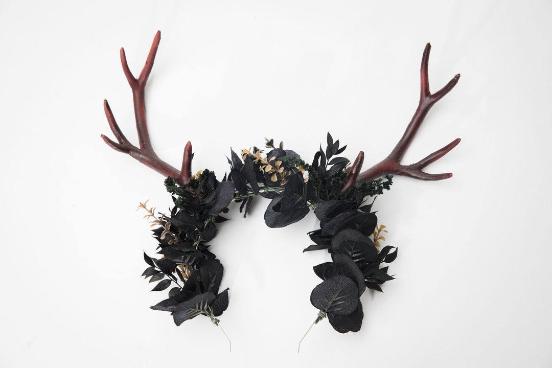 Black Flower Crown with Antlers: Halloween Headband – handmade floral hair accessory by magaela