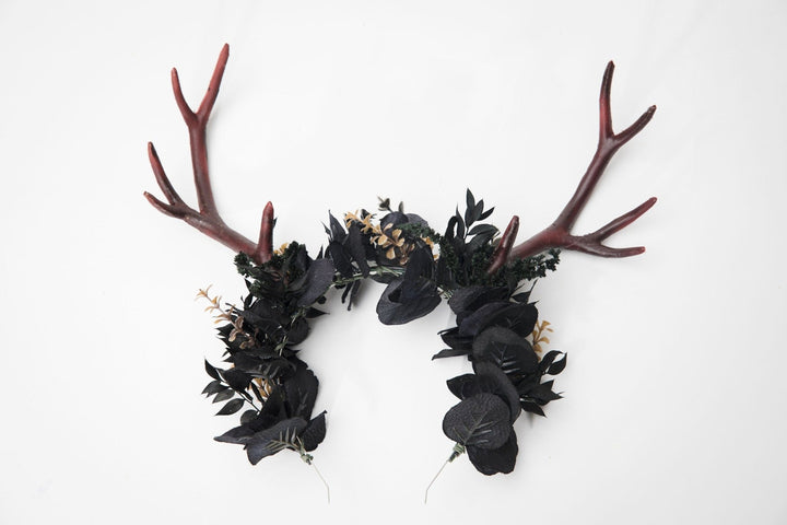 Black Flower Crown with Antlers: Halloween Headband – handmade floral hair accessory by magaela