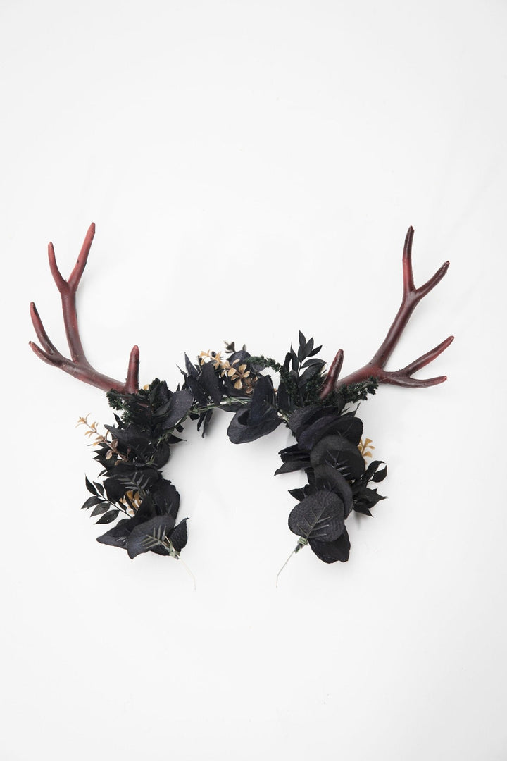 Black Flower Crown with Antlers: Halloween Headband – handmade floral hair accessory by magaela
