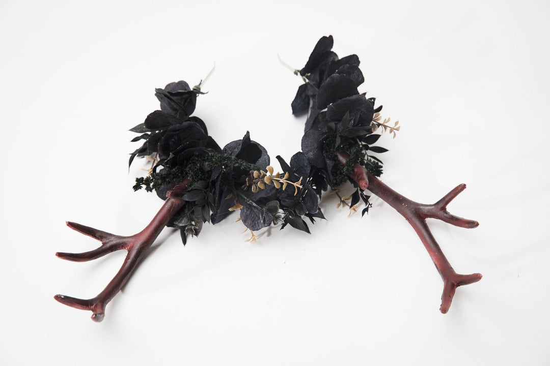 Black Flower Crown with Antlers: Halloween Headband – handmade floral hair accessory by magaela