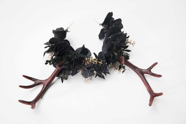 Black Flower Crown with Antlers: Halloween Headband – handmade floral hair accessory by magaela