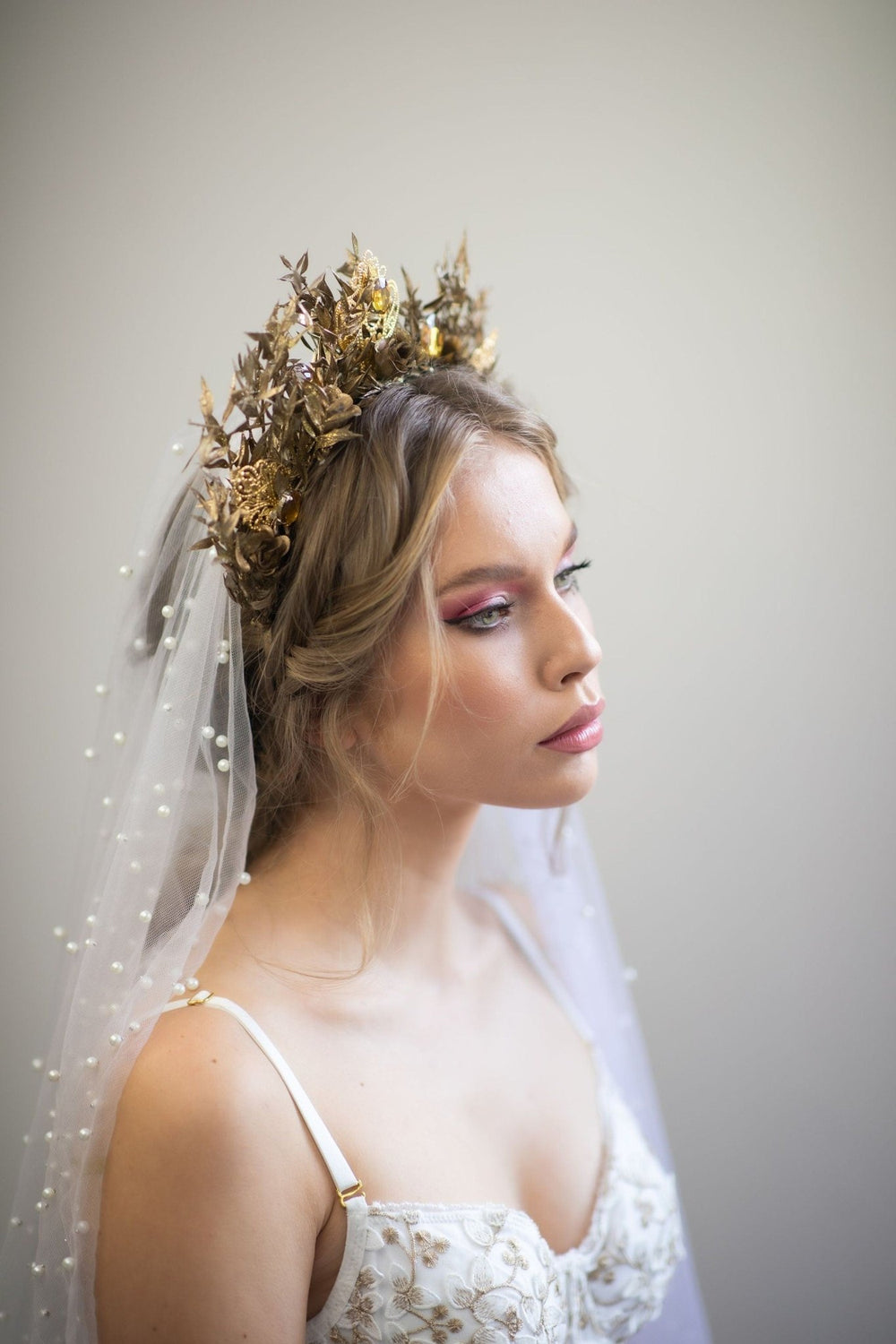 Golden Flower Bridal Crown: Crystal Wedding Tiara – handmade floral hair accessory by magaela