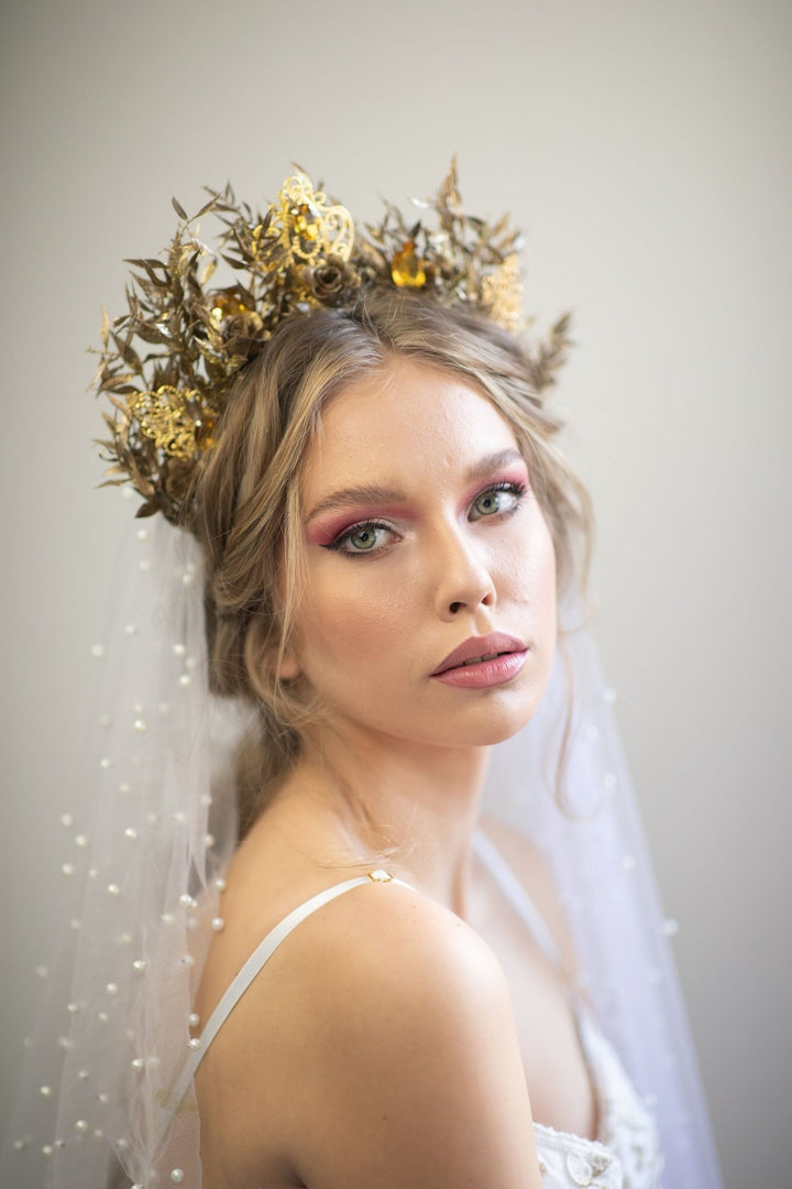 Golden Flower Bridal Crown: Crystal Wedding Tiara – handmade floral hair accessory by magaela