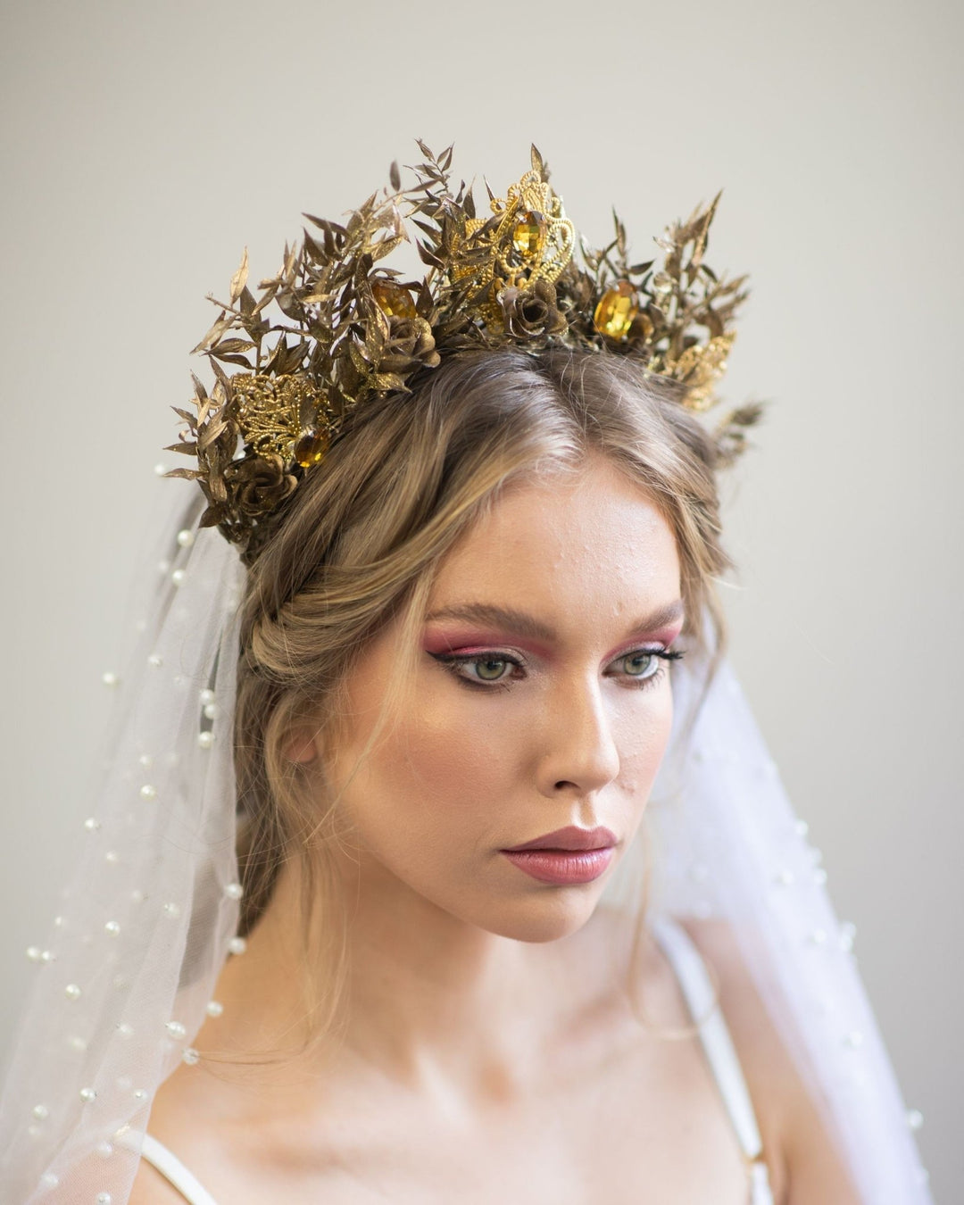 Golden Flower Bridal Crown: Crystal Wedding Tiara – handmade floral hair accessory by magaela