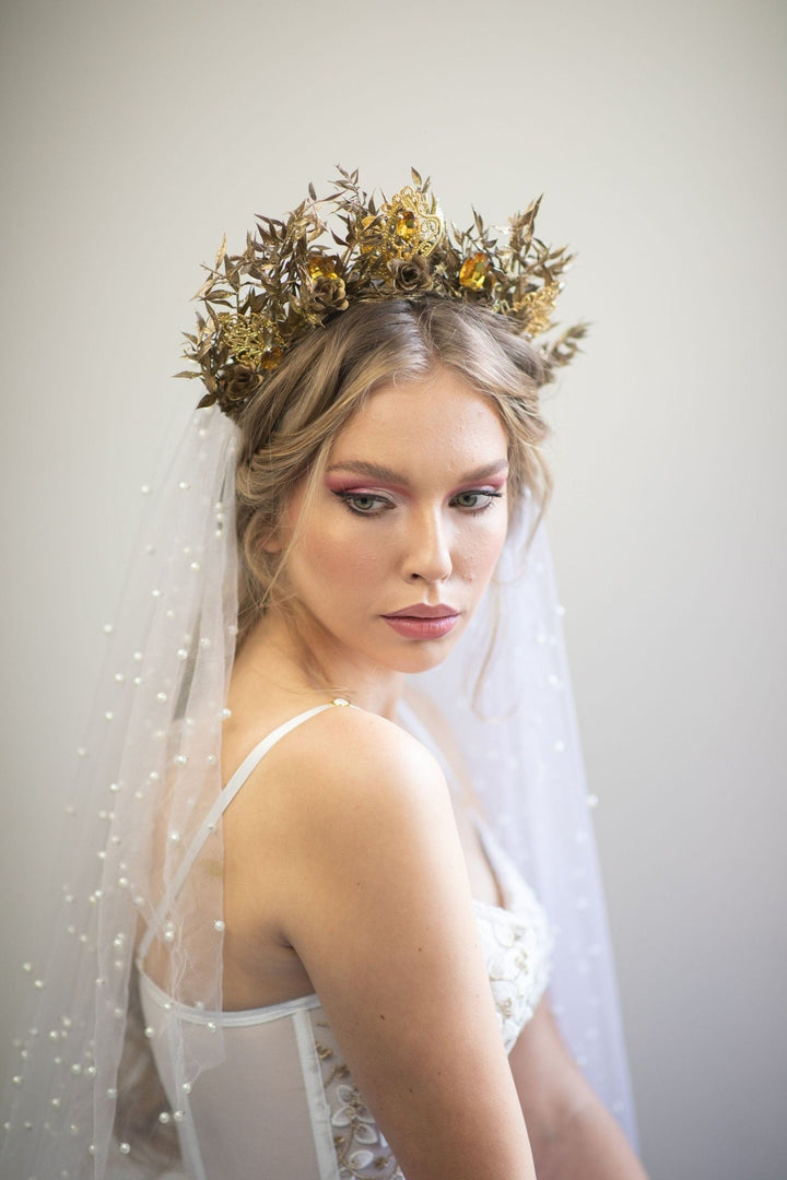 Golden Flower Bridal Crown: Crystal Wedding Tiara – handmade floral hair accessory by magaela
