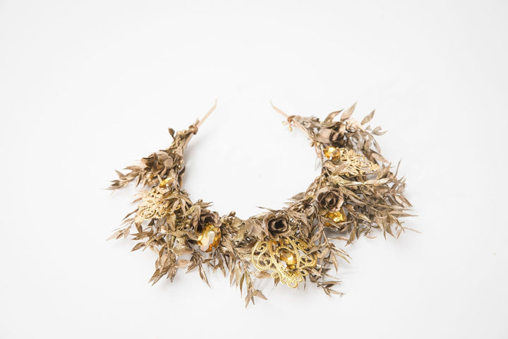 Golden Flower Bridal Crown: Crystal Wedding Tiara – handmade floral hair accessory by magaela