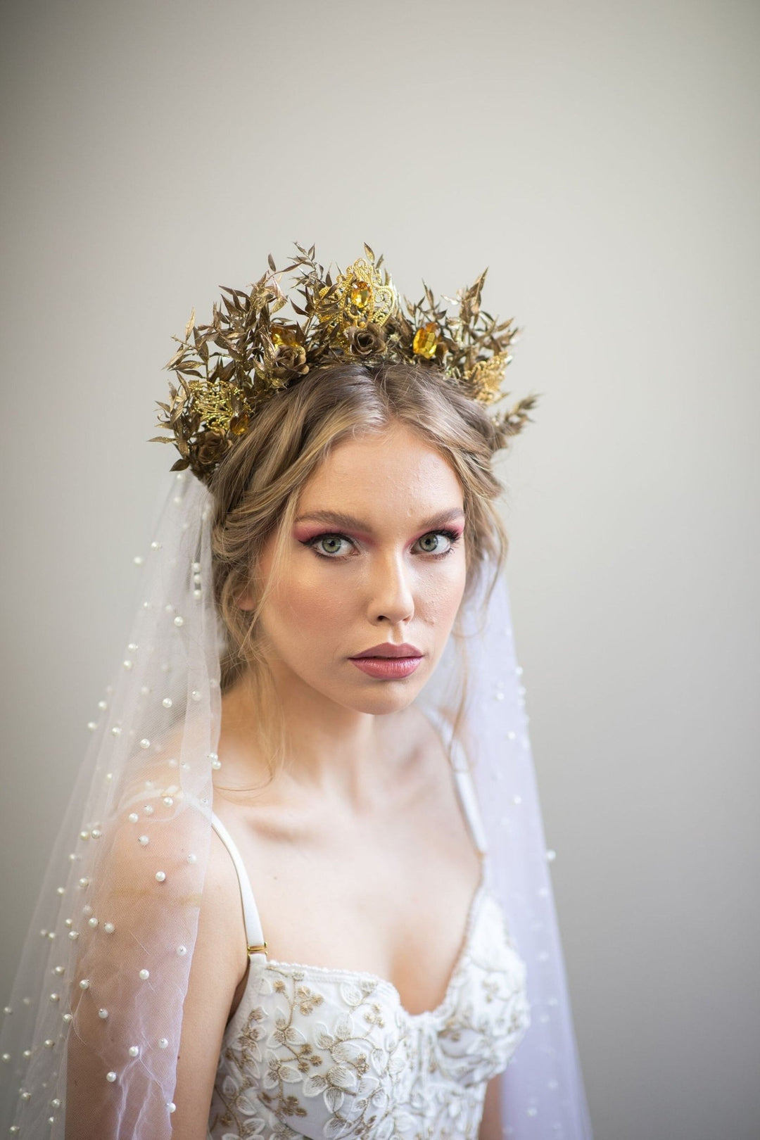 Golden Flower Bridal Crown: Crystal Wedding Tiara – handmade floral hair accessory by magaela