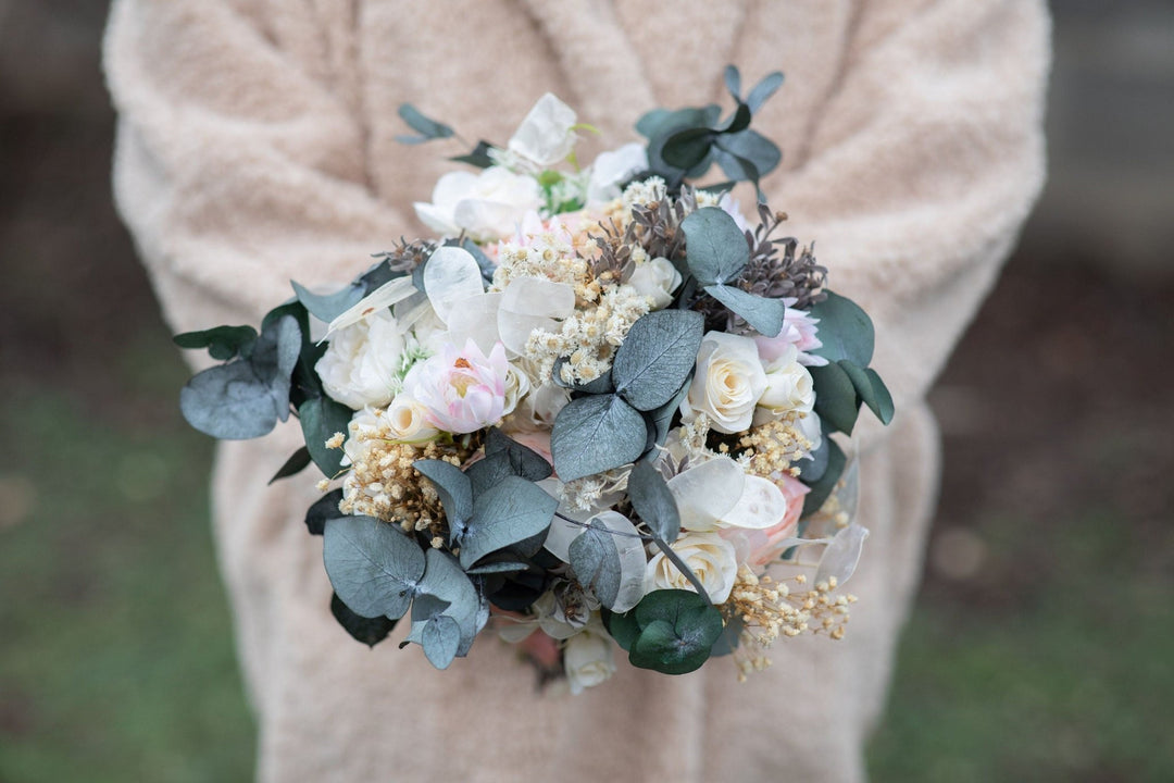 Pastel Bridal Bouquet: Blush Peach Ivory Eucalyptus Wedding Flowers – handmade floral hair accessory by magaela