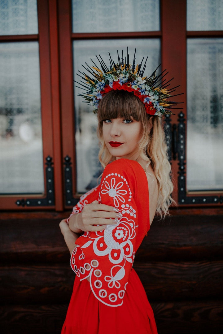 Floral Wedding Crown: Two - Sided Slavic Flower Halo Headpiece – handmade floral hair accessory by magaela
