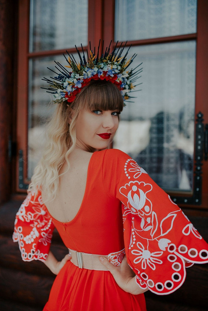 Floral Wedding Crown: Two - Sided Slavic Flower Halo Headpiece – handmade floral hair accessory by magaela