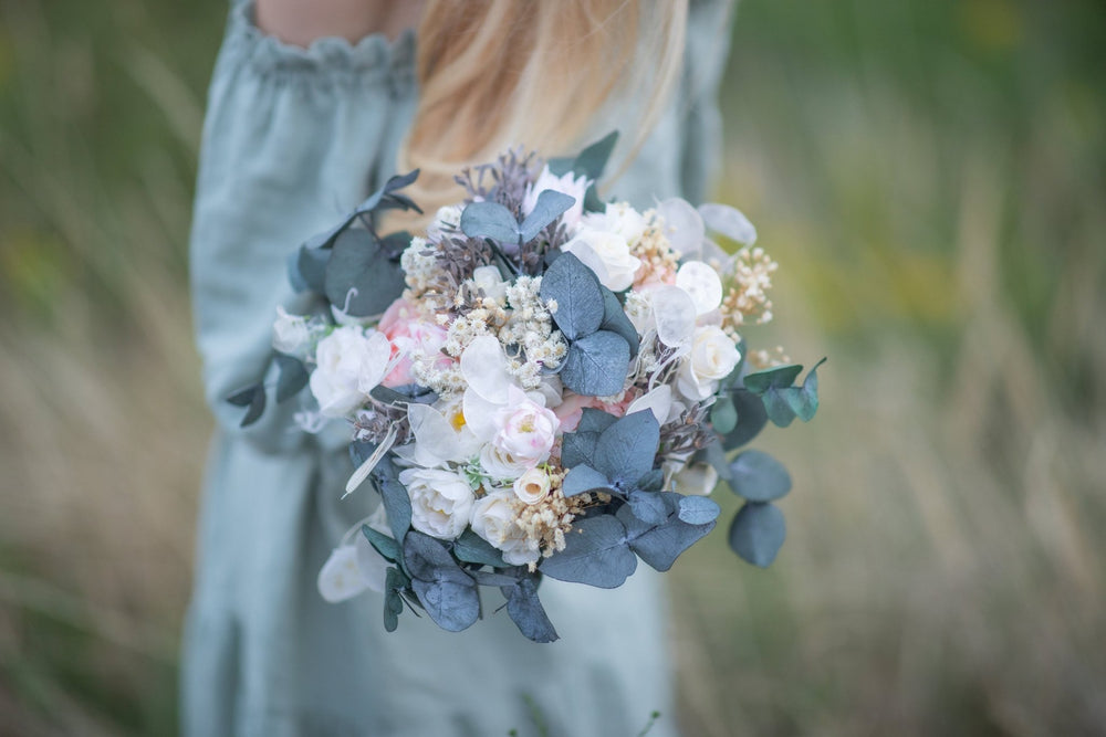 Pastel Bridal Bouquet: Blush Peach Ivory Eucalyptus Wedding Flowers – handmade floral hair accessory by magaela