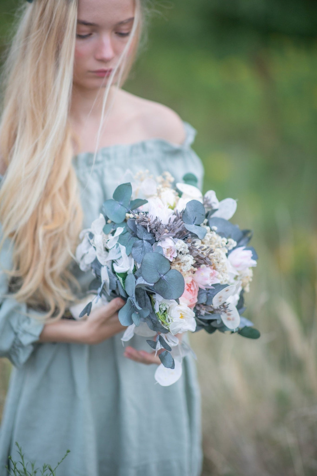 Pastel Bridal Bouquet: Blush Peach Ivory Eucalyptus Wedding Flowers – handmade floral hair accessory by magaela