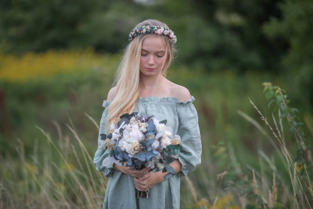 Eucalyptus Peony Half Wreath: Pastel Wedding Crown, Bridal Accessory – handmade floral hair accessory by magaela