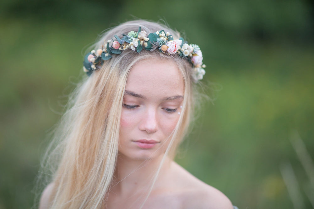 Eucalyptus Peony Half Wreath: Pastel Wedding Crown, Bridal Accessory – handmade floral hair accessory by magaela