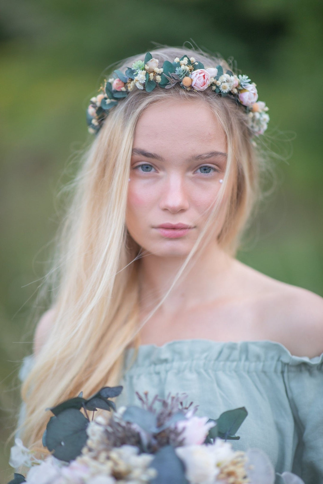 Eucalyptus Peony Half Wreath: Pastel Wedding Crown, Bridal Accessory – handmade floral hair accessory by magaela