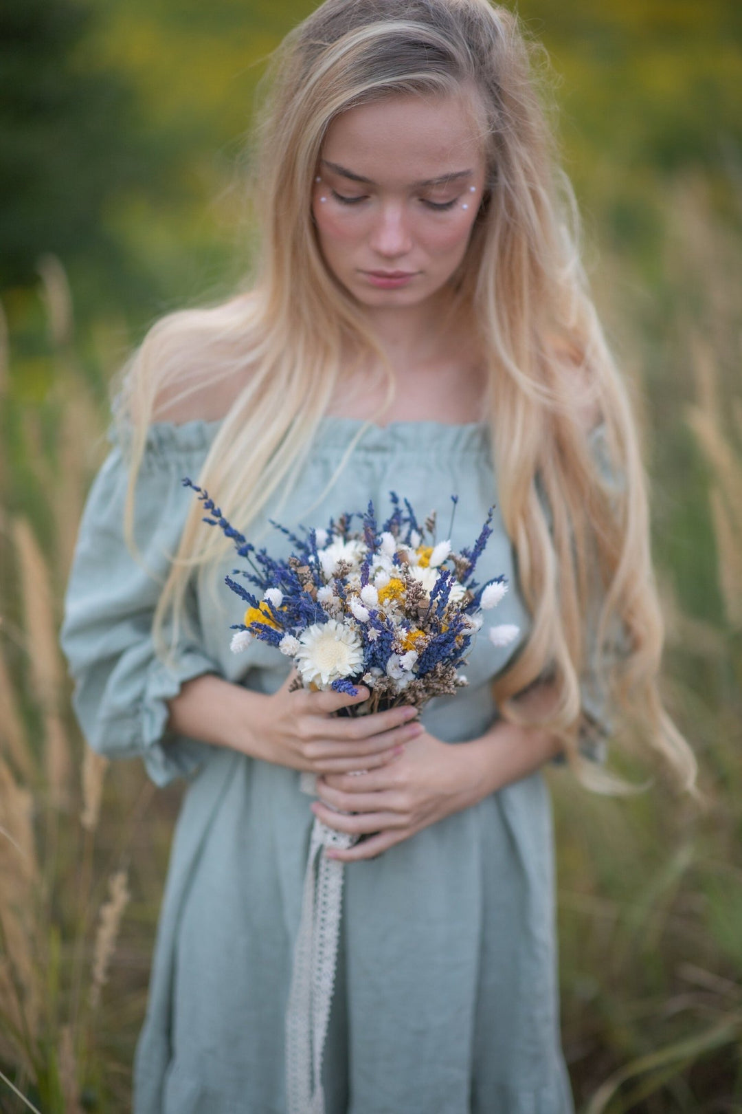 Lavender Bridal Bouquet: Navy, Ivory & Ochre Dried Flowers – handmade floral hair accessory by magaela