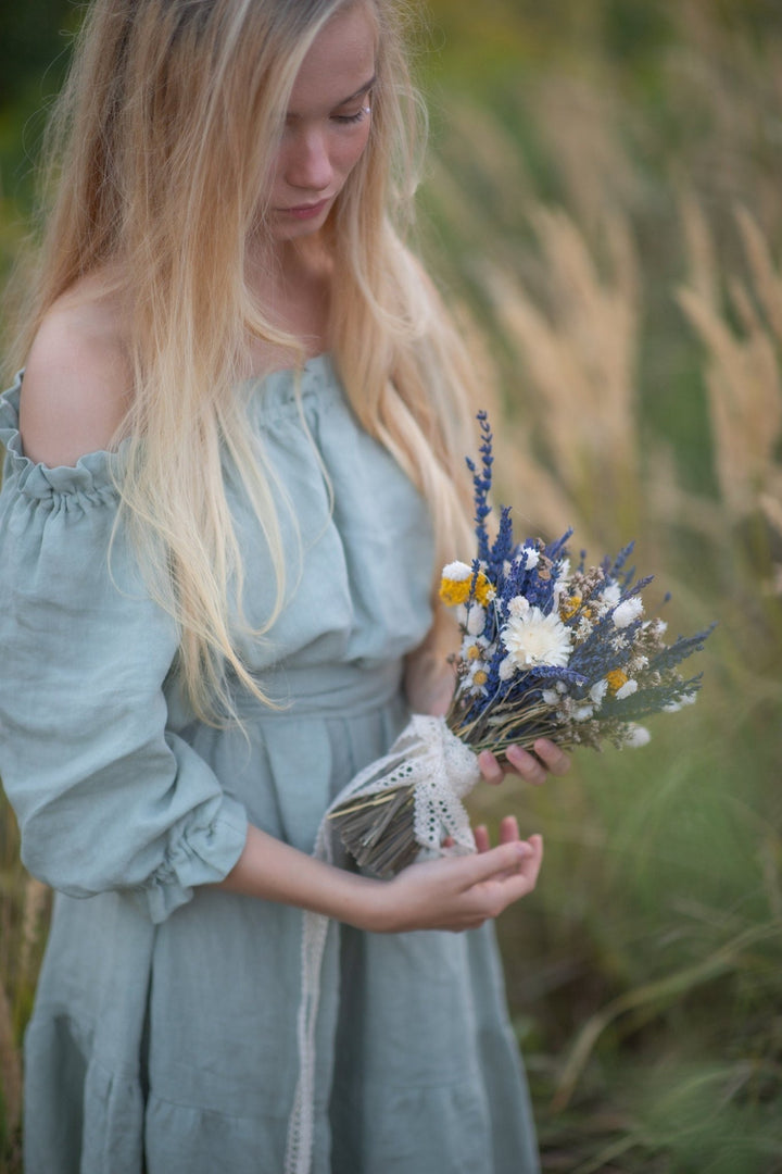 Lavender Bridal Bouquet: Navy, Ivory & Ochre Dried Flowers – handmade floral hair accessory by magaela