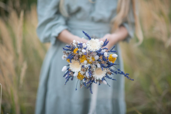 Lavender Bridal Bouquet: Navy, Ivory & Ochre Dried Flowers – handmade floral hair accessory by magaela