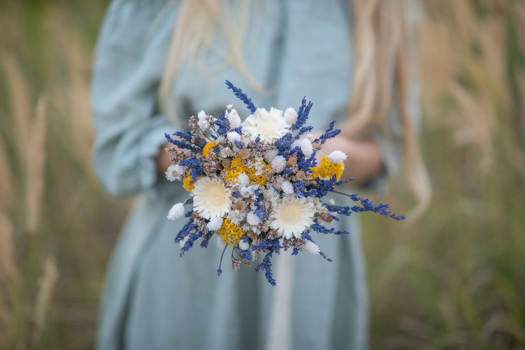 Lavender Bridal Bouquet: Navy, Ivory & Ochre Dried Flowers – handmade floral hair accessory by magaela