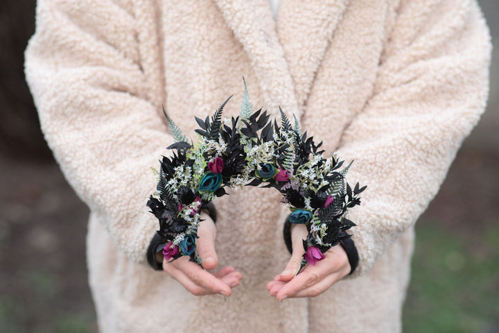 Dark Flower Crown Headband with Earrings: Gothic Bridal Tiara – handmade floral hair accessory by magaela