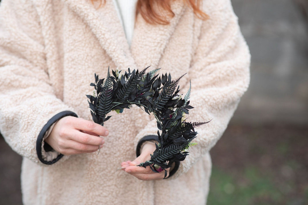 Dark Flower Crown Headband with Earrings: Gothic Bridal Tiara – handmade floral hair accessory by magaela