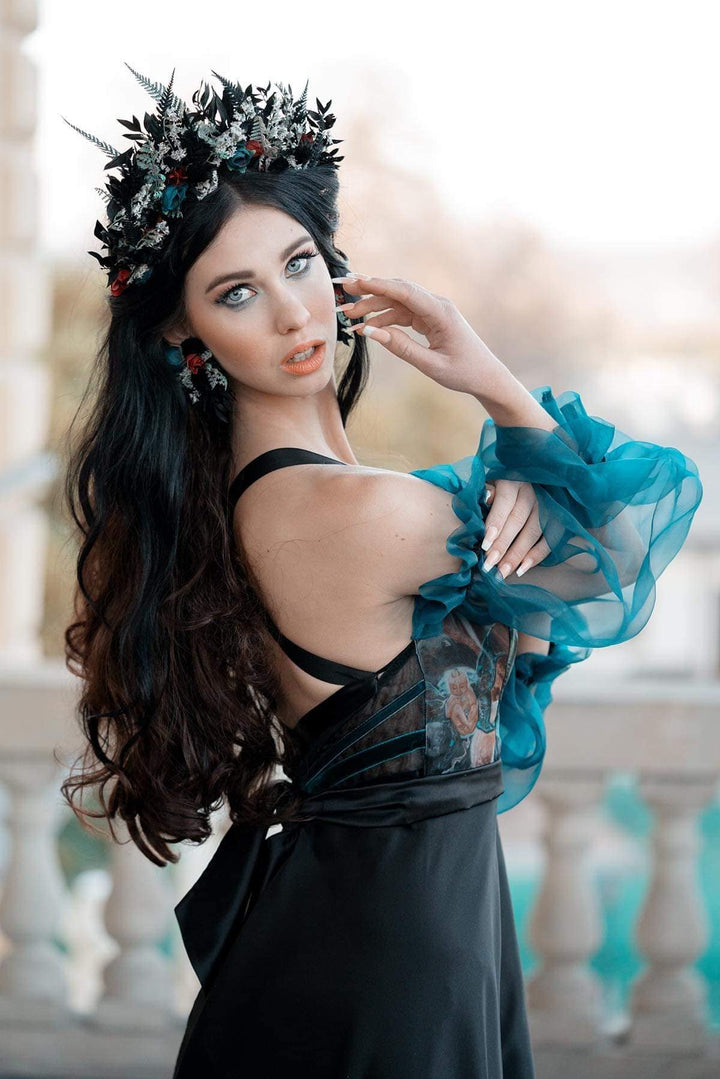 Dark Flower Crown Headband with Earrings: Gothic Bridal Tiara – handmade floral hair accessory by magaela