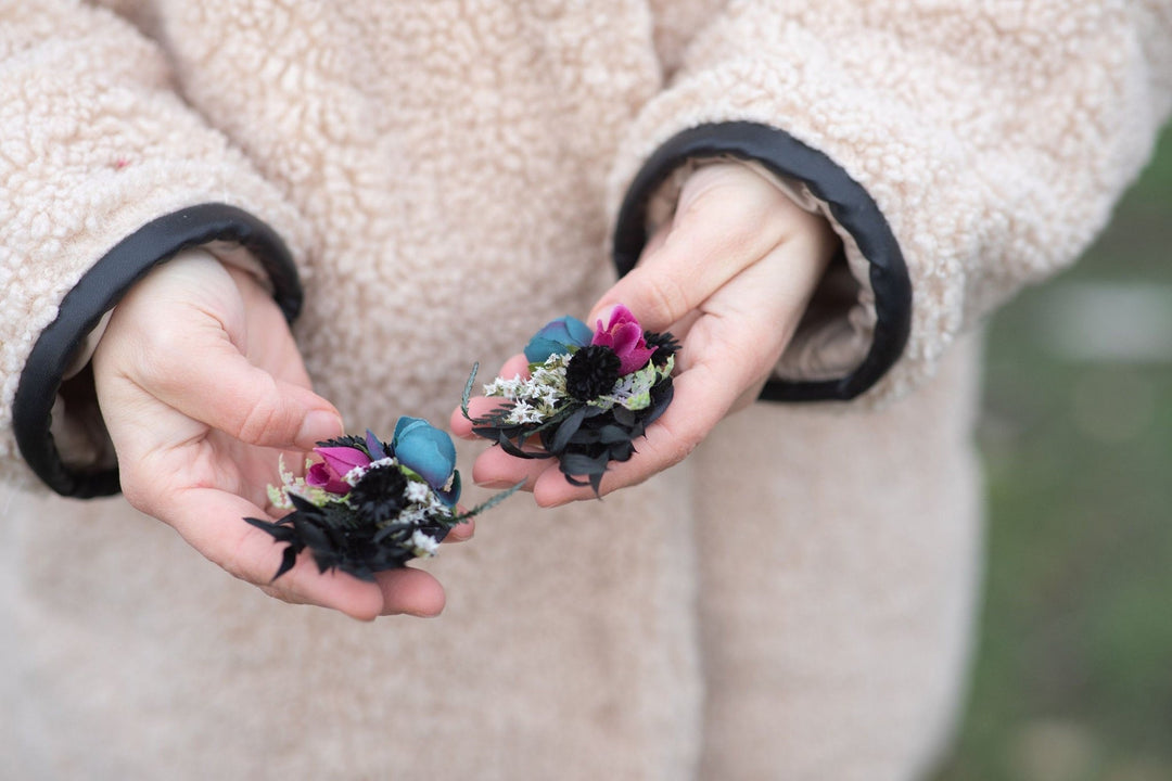 Dark Flower Crown Headband with Earrings: Gothic Bridal Tiara – handmade floral hair accessory by magaela