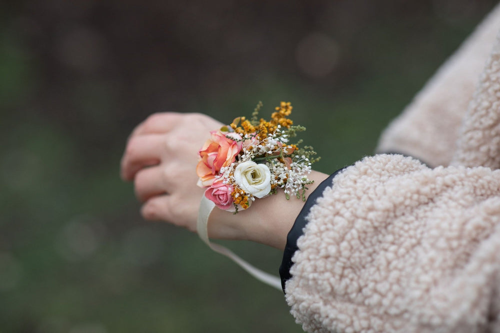 Peach Flower Bridesmaid Bracelet: Coral Wedding Wrist Corsage – handmade floral hair accessory by magaela