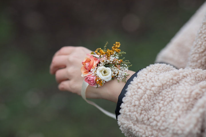 Peach Flower Bridesmaid Bracelet: Coral Wedding Wrist Corsage – handmade floral hair accessory by magaela