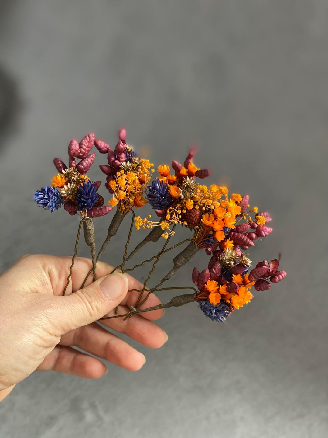 Autumn Flower Hair Pins: Burnt Orange & Navy Wedding Hair Flowers – handmade floral hair accessory by magaela