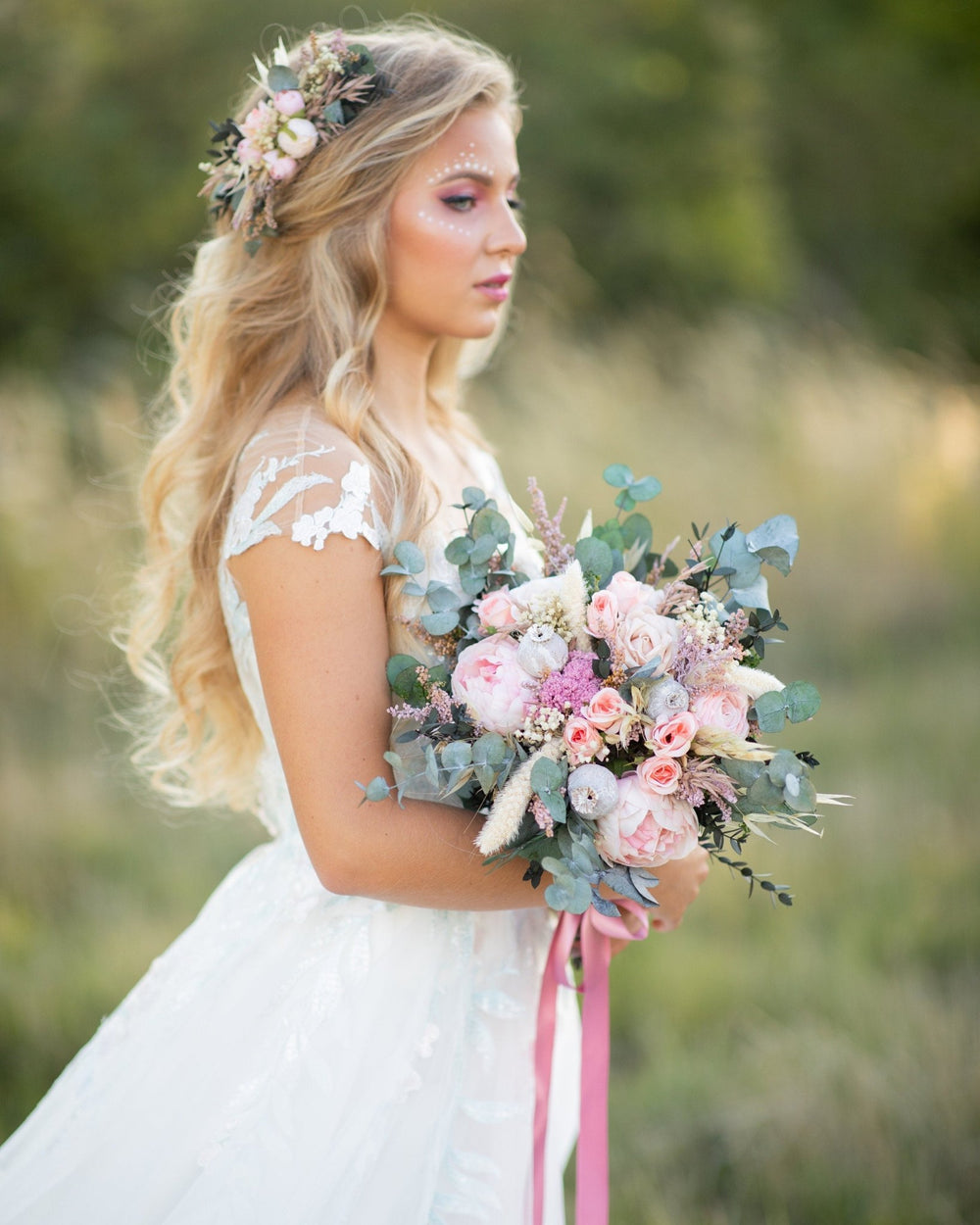 Pastel Peach Wedding Bouquet: Blush Rose, Eucalyptus, Boho Bridal Flowers – handmade floral hair accessory by magaela