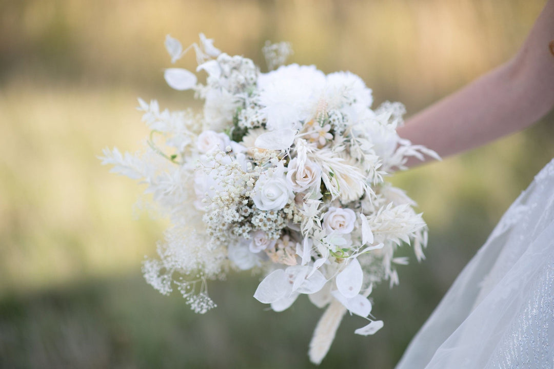 White Boho Wedding Bouquet: Preserved & Fabric Flowers – handmade floral hair accessory by magaela