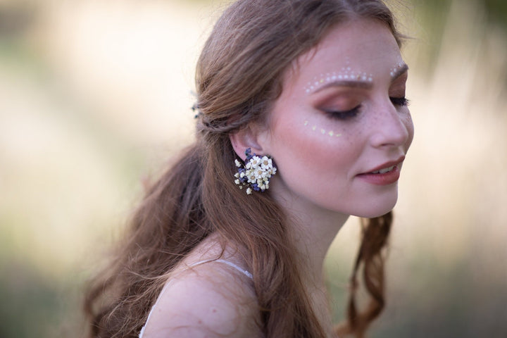 Lavender Flower Earrings: Ivory Wedding Jewelry, Natural Bridal Earrings – handmade floral hair accessory by magaela