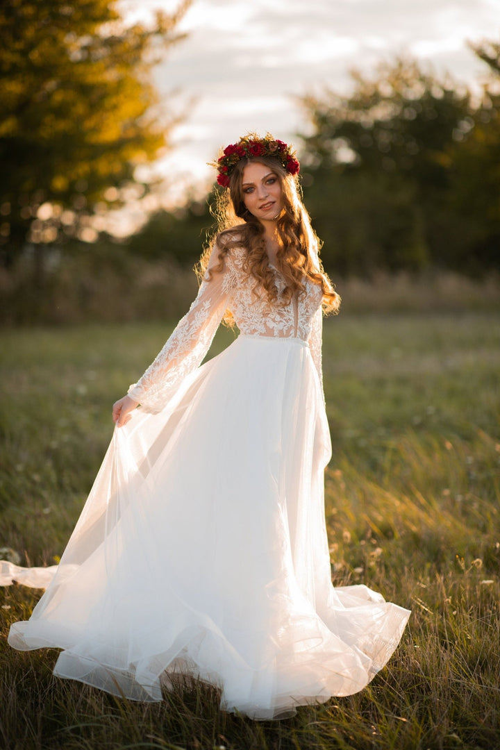 Red Burgundy Wedding Half Wreath: Boho Bridal Flower Crown – handmade floral hair accessory by magaela