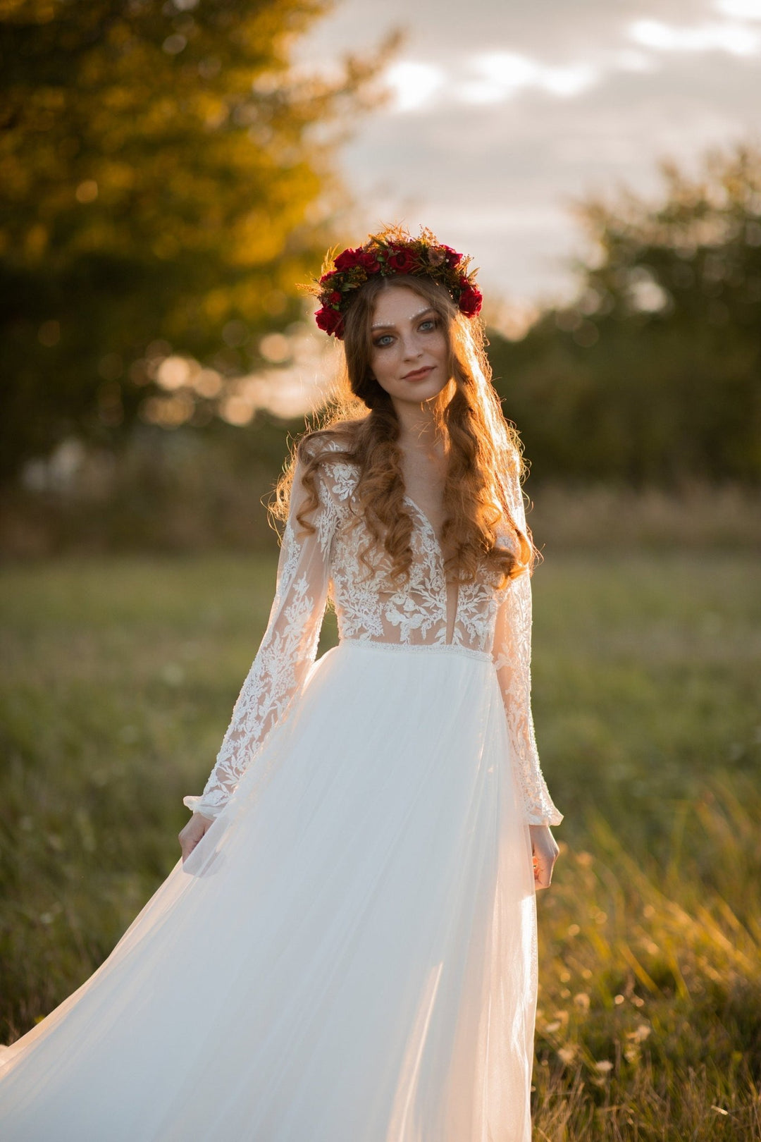 Red Burgundy Wedding Half Wreath: Boho Bridal Flower Crown – handmade floral hair accessory by magaela