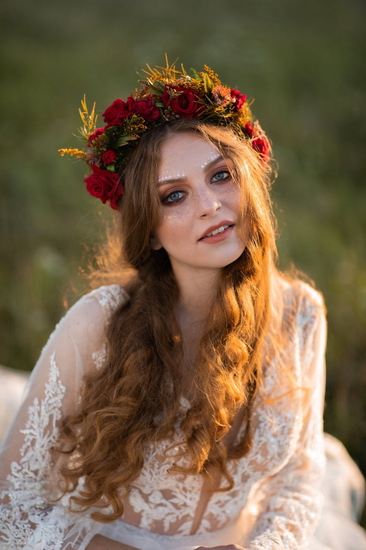 Red Burgundy Wedding Half Wreath: Boho Bridal Flower Crown – handmade floral hair accessory by magaela