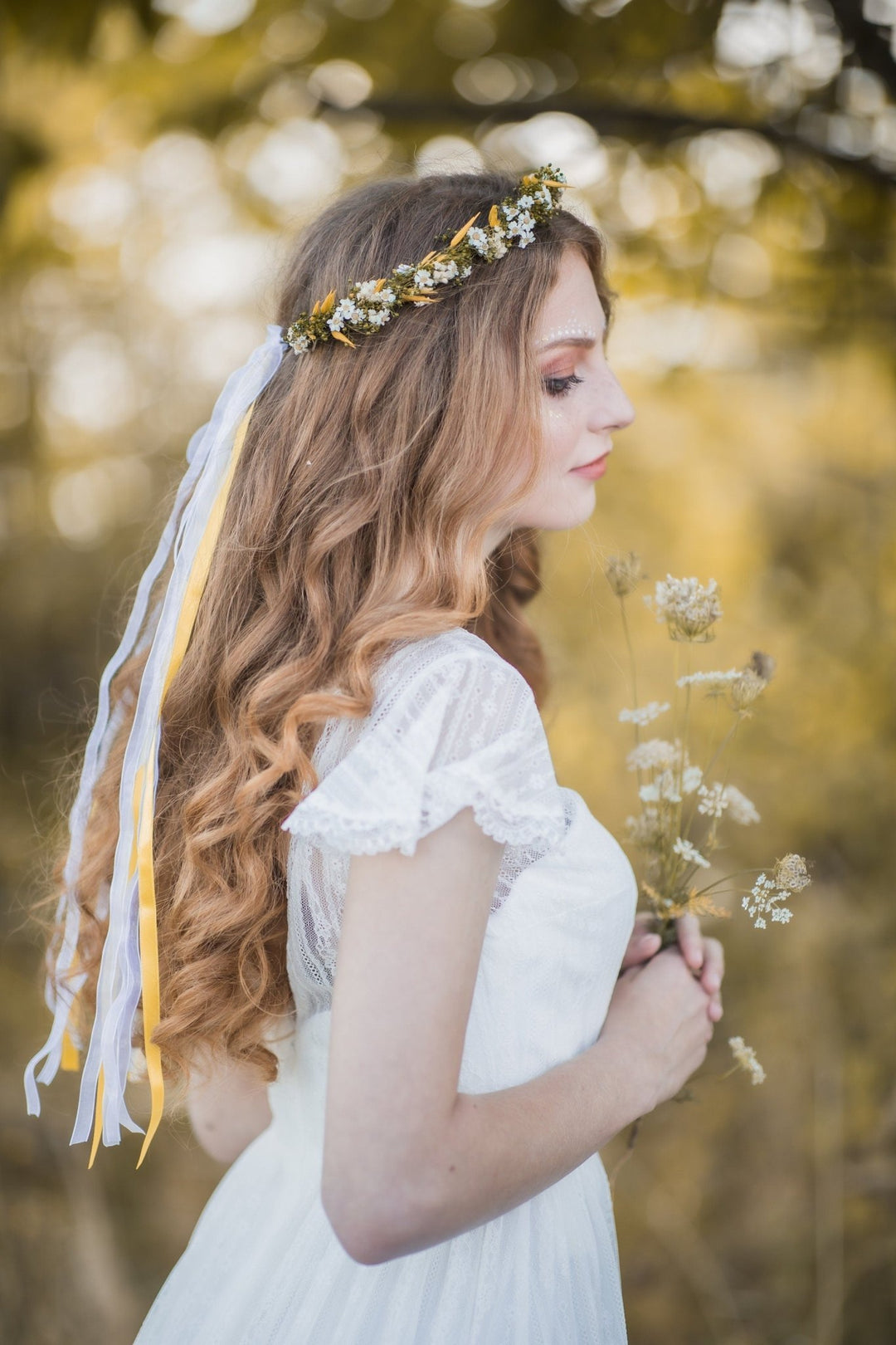 Wildflower Bridal Hair Crown: Yellow & Green Dried Flowers – handmade floral hair accessory by magaela