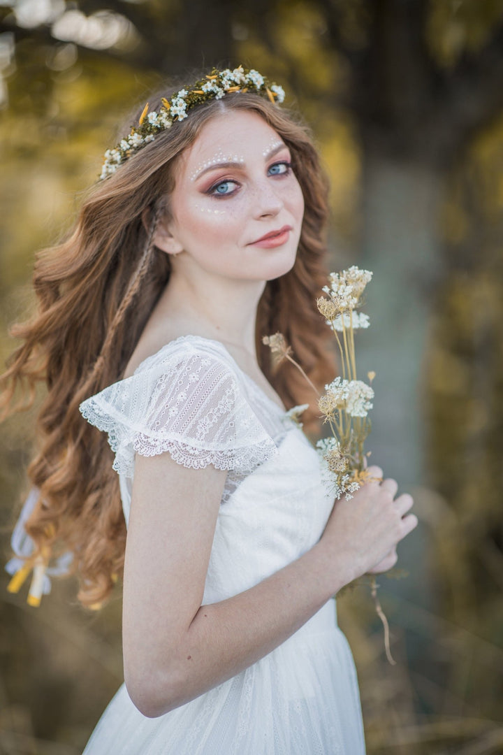 Wildflower Bridal Hair Crown: Yellow & Green Dried Flowers – handmade floral hair accessory by magaela