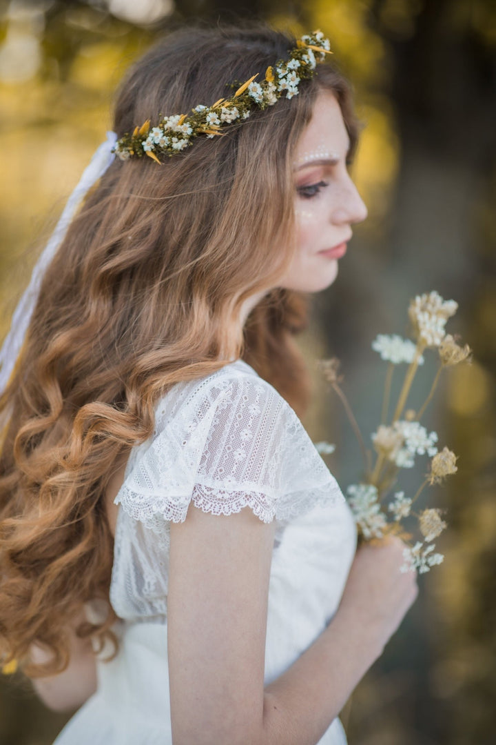 Wildflower Bridal Hair Crown: Yellow & Green Dried Flowers – handmade floral hair accessory by magaela