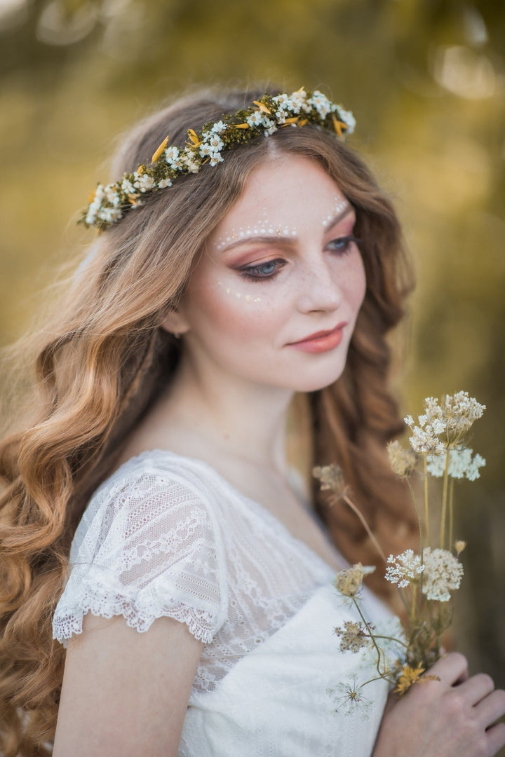 Wildflower Bridal Hair Crown: Yellow & Green Dried Flowers – handmade floral hair accessory by magaela