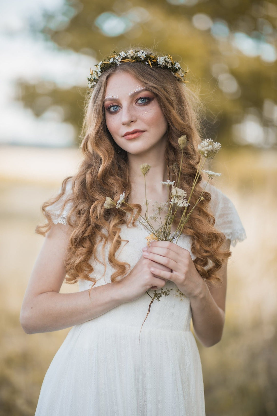 Wildflower Bridal Hair Crown: Yellow & Green Dried Flowers – handmade floral hair accessory by magaela