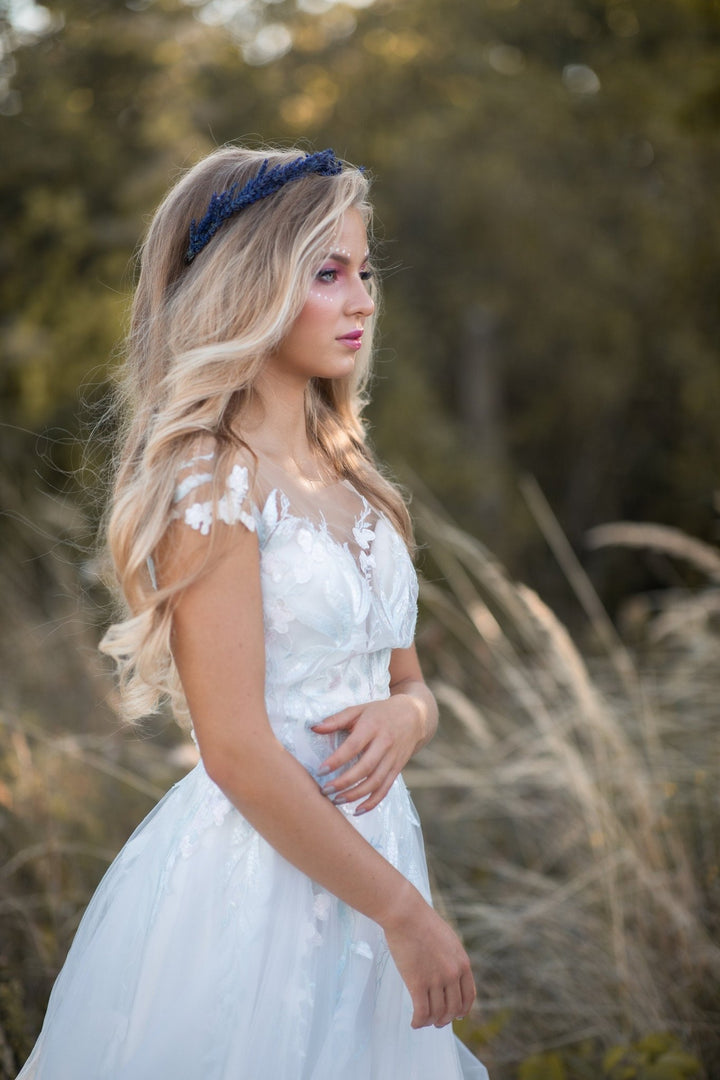 Lavender Flower Crown: Wedding Bridal Headpiece, Navy Blue Preserved Wreath – handmade floral hair accessory by magaela