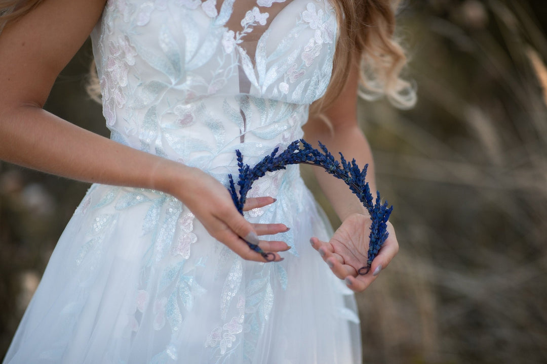Lavender Flower Crown: Wedding Bridal Headpiece, Navy Blue Preserved Wreath – handmade floral hair accessory by magaela