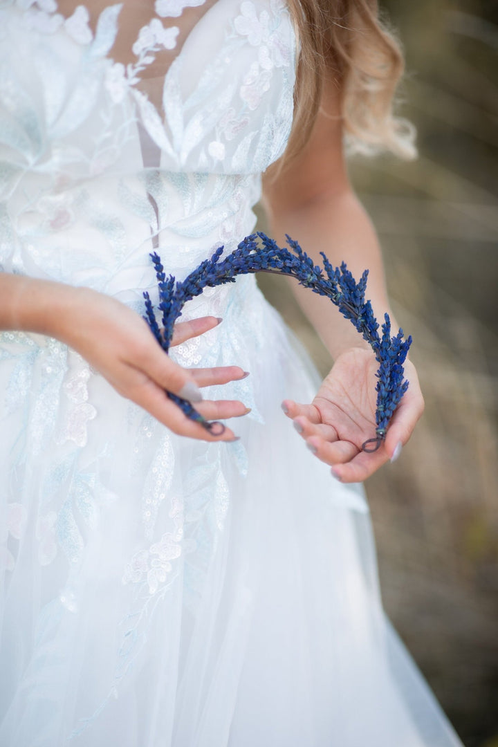 Lavender Flower Crown: Wedding Bridal Headpiece, Navy Blue Preserved Wreath – handmade floral hair accessory by magaela