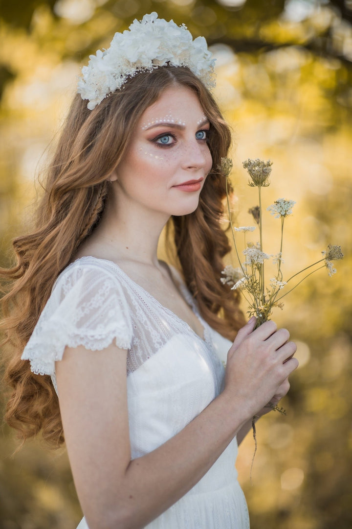 Bridal Flower Crown: Off White Hydrangea & Baby's Breath Headband – handmade floral hair accessory by magaela