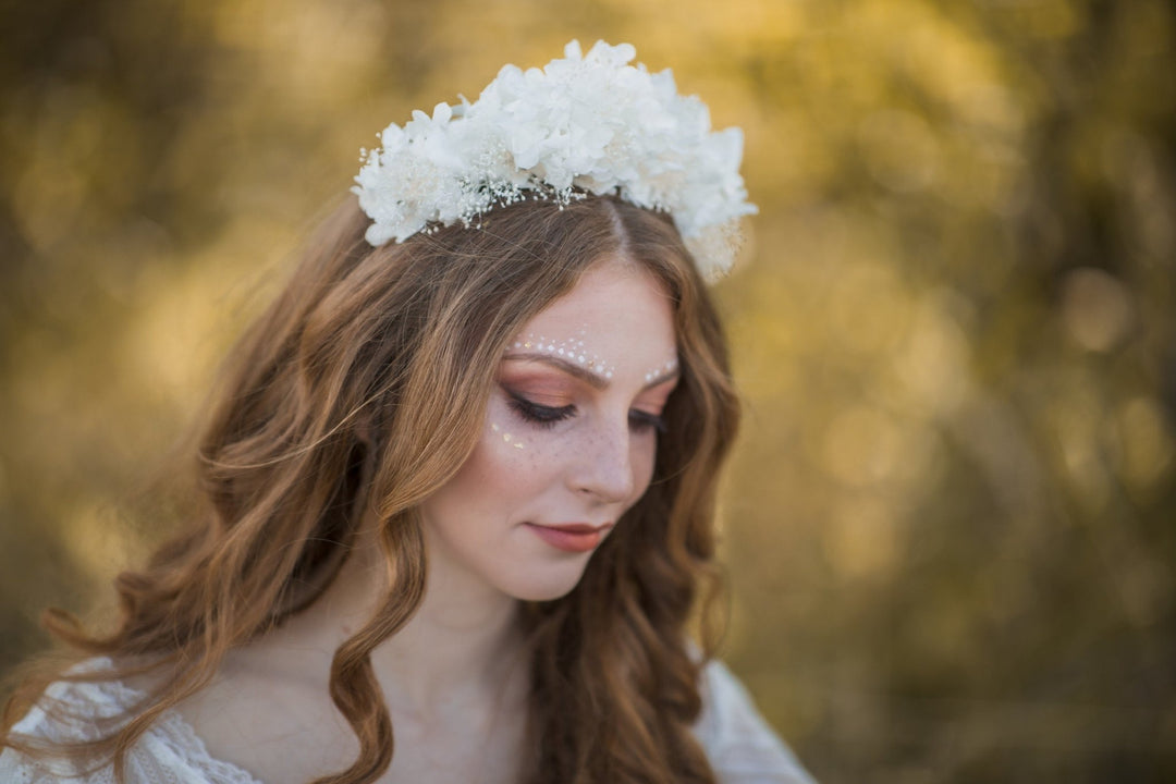 Bridal Flower Crown: Off White Hydrangea & Baby's Breath Headband – handmade floral hair accessory by magaela
