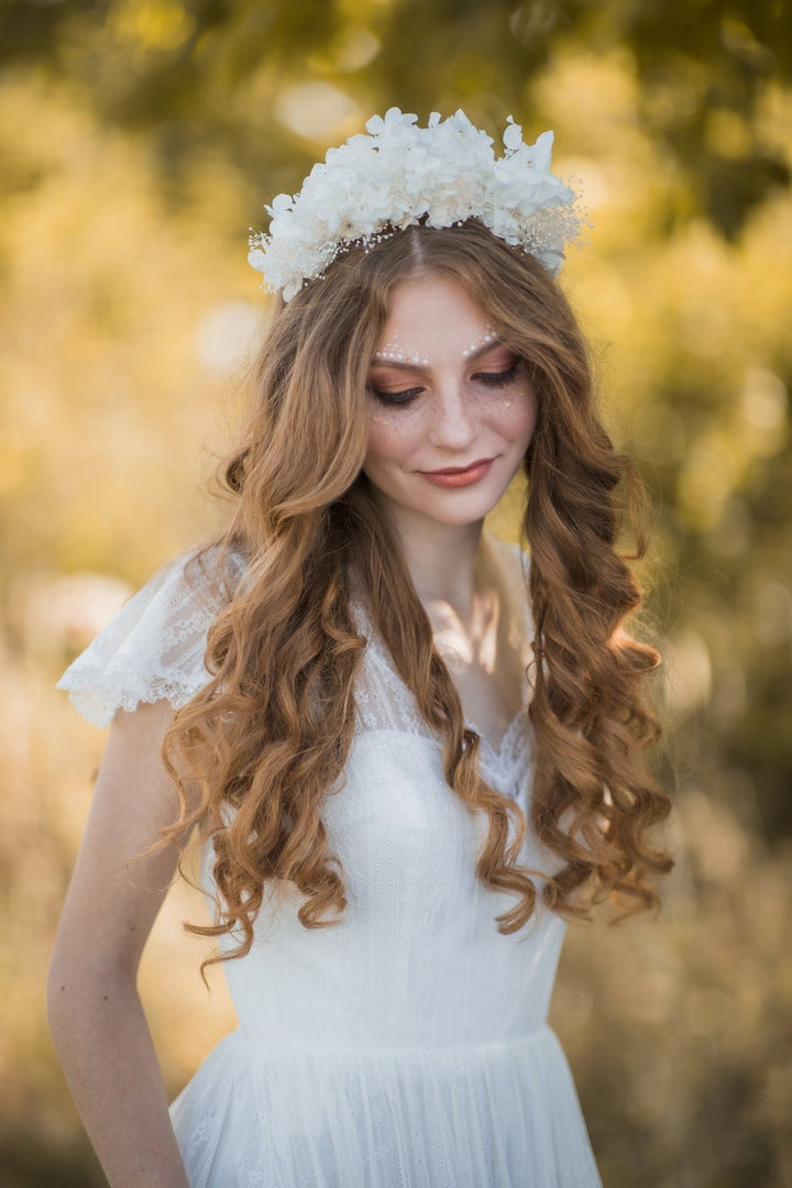 Bridal Flower Crown: Off White Hydrangea & Baby's Breath Headband – handmade floral hair accessory by magaela