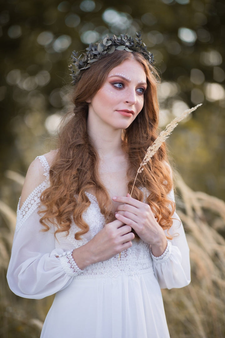 Eucalyptus Bridal Crown: Preserved Greenery Wedding Hair Wreath – handmade floral hair accessory by magaela